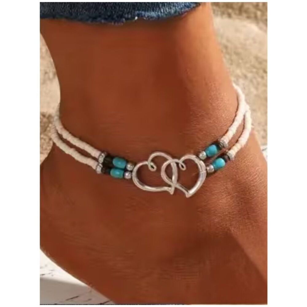 Bohemian Chic Double Heart Design Ankle Bracelet White & Turquoise Seed Beads